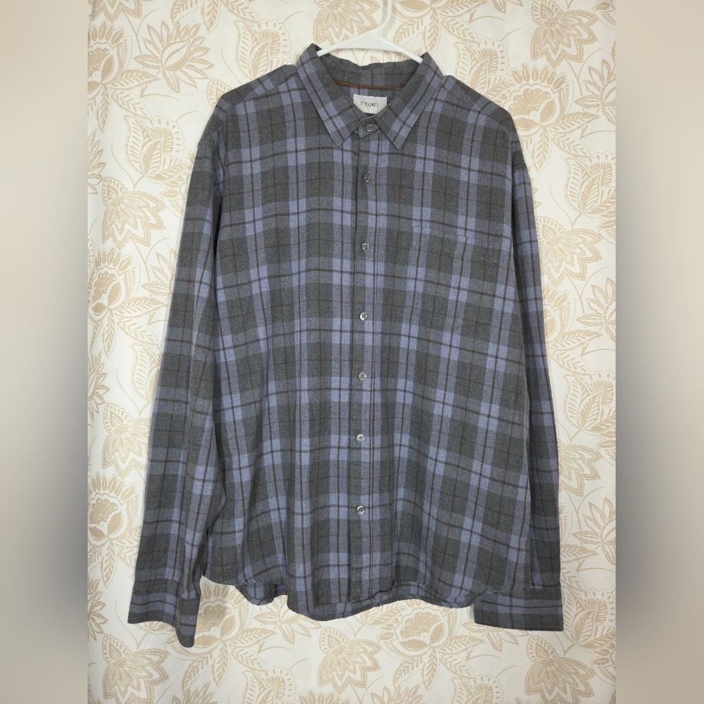 MENS Stitch Note Cotton Flannel Shirt XL Gray Blue Plaid Button Down Cozy Preppy
